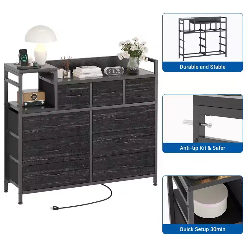 Commode à 9 tiroirs pour chambre à coucher, chiffonnier avec bacs en tissu, meuble TV, organisateur de rangement pour vêtements pour salon, couloir, chambre à coucher