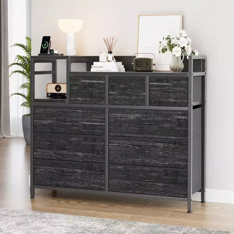 9 Drawers Dresser for Bedroom, Chest of Drawers with Fabric Bins, TV Stand Furniture, Clothing Storage Organizer for Living Room Hallway Bedroom