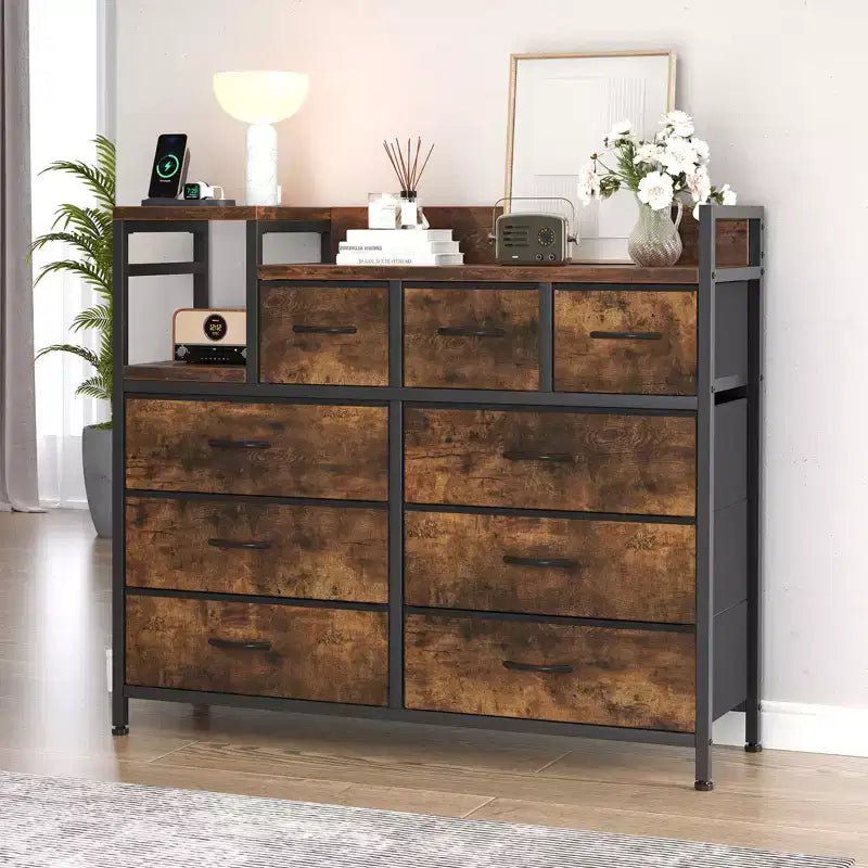 Commode à 9 tiroirs pour chambre à coucher, chiffonnier avec bacs en tissu, meuble TV, organisateur de rangement pour vêtements pour salon, couloir, chambre à coucher
