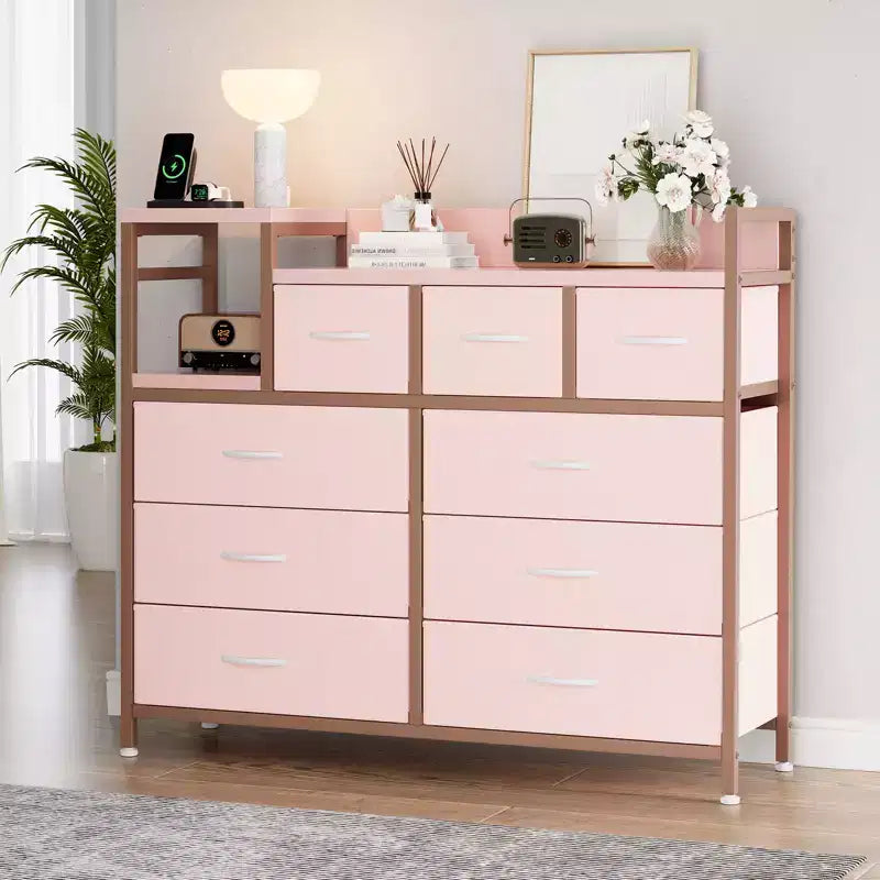 Commode à 9 tiroirs pour chambre à coucher, chiffonnier avec bacs en tissu, meuble TV, organisateur de rangement pour vêtements pour salon, couloir, chambre à coucher