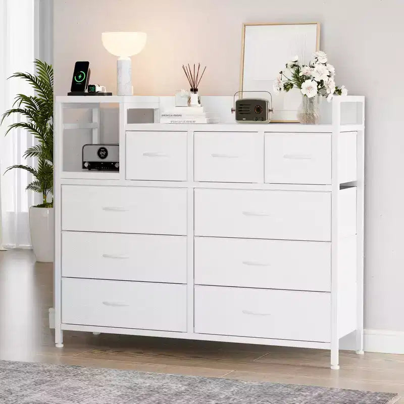 Commode à 9 tiroirs pour chambre à coucher, chiffonnier avec bacs en tissu, meuble TV, organisateur de rangement pour vêtements pour salon, couloir, chambre à coucher