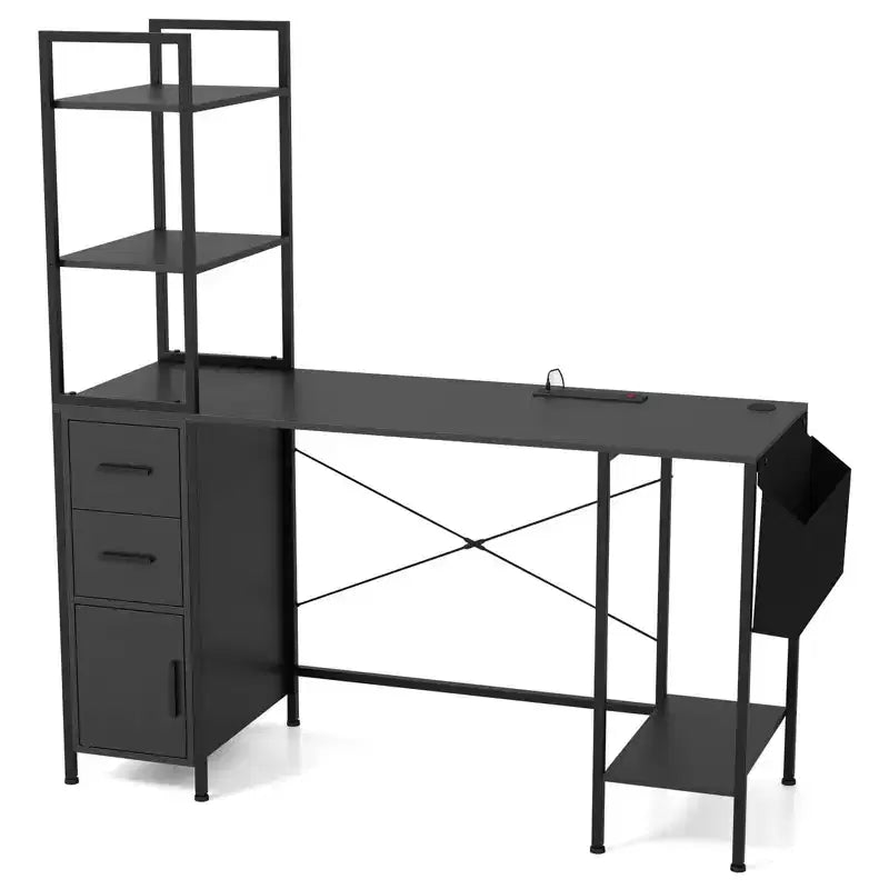 Bureau Costway avec lumières LED et prises de courant, étagères ouvertes, 2 tiroirs et armoire.