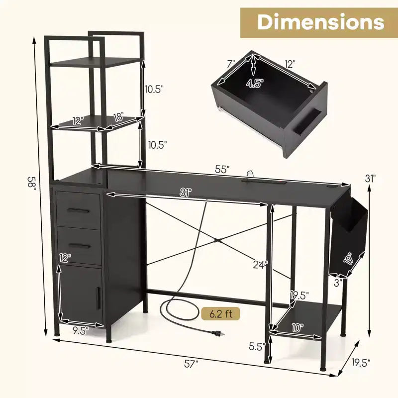 Bureau Costway avec lumières LED et prises de courant, étagères ouvertes, 2 tiroirs et armoire.