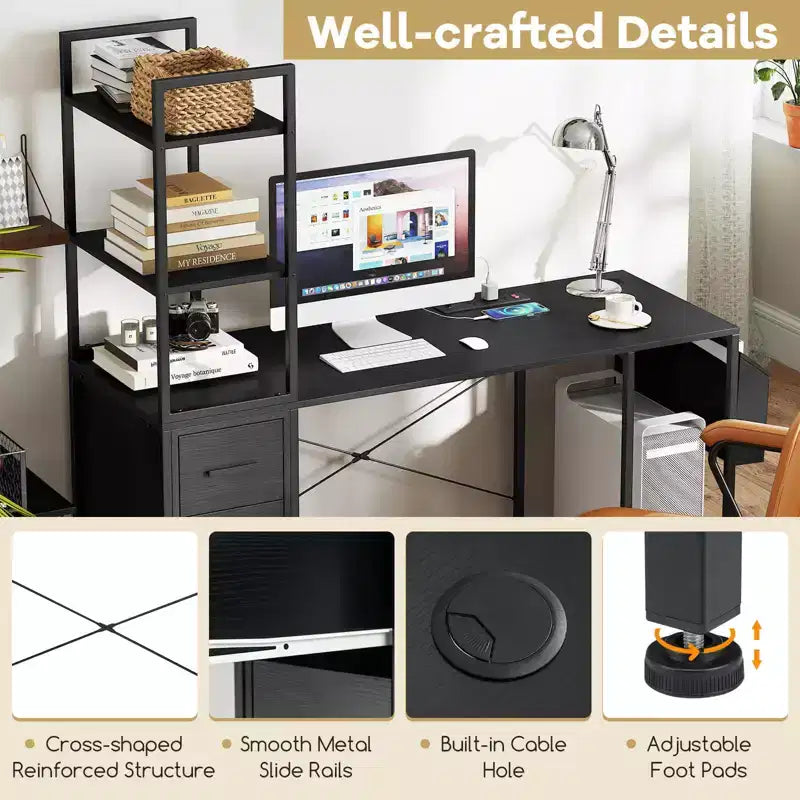 Bureau Costway avec lumières LED et prises de courant, étagères ouvertes, 2 tiroirs et armoire.