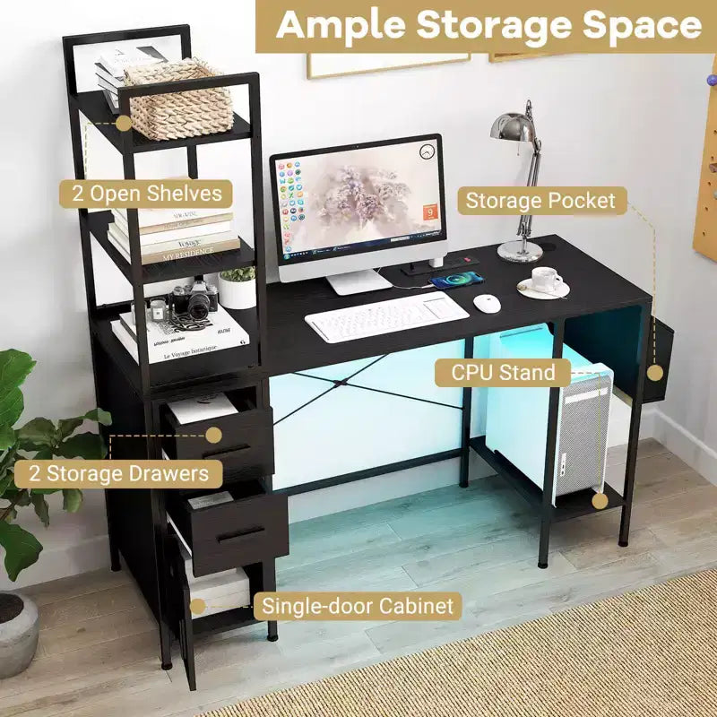 Bureau Costway avec lumières LED et prises de courant, étagères ouvertes, 2 tiroirs et armoire.