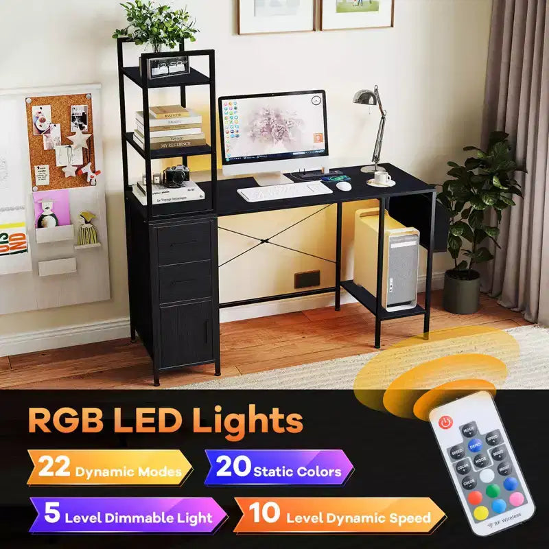Bureau Costway avec lumières LED et prises de courant, étagères ouvertes, 2 tiroirs et armoire.
