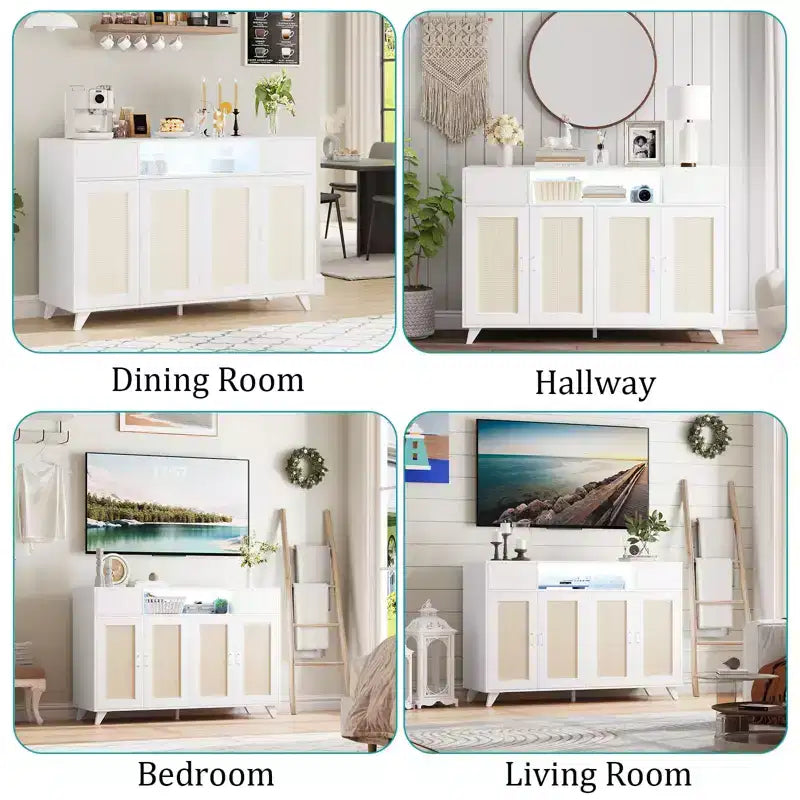 47,2 Meuble d'appoint en rotin, buffet, 2 tiroirs, meuble de rangement d'appoint, table console à 4 portes, bar à café avec prise de courant