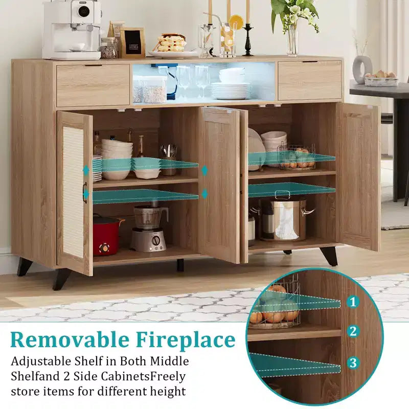 47,2 Meuble d'appoint en rotin, buffet, 2 tiroirs, meuble de rangement d'appoint, table console à 4 portes, bar à café avec prise de courant
