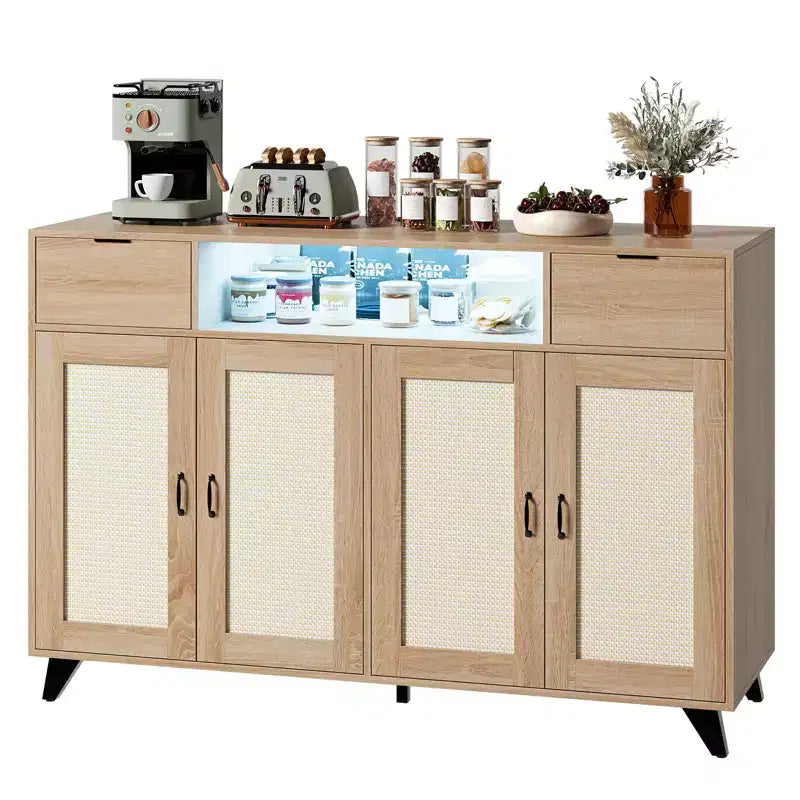 47,2 Meuble d'appoint en rotin, buffet, 2 tiroirs, meuble de rangement d'appoint, table console à 4 portes, bar à café avec prise de courant