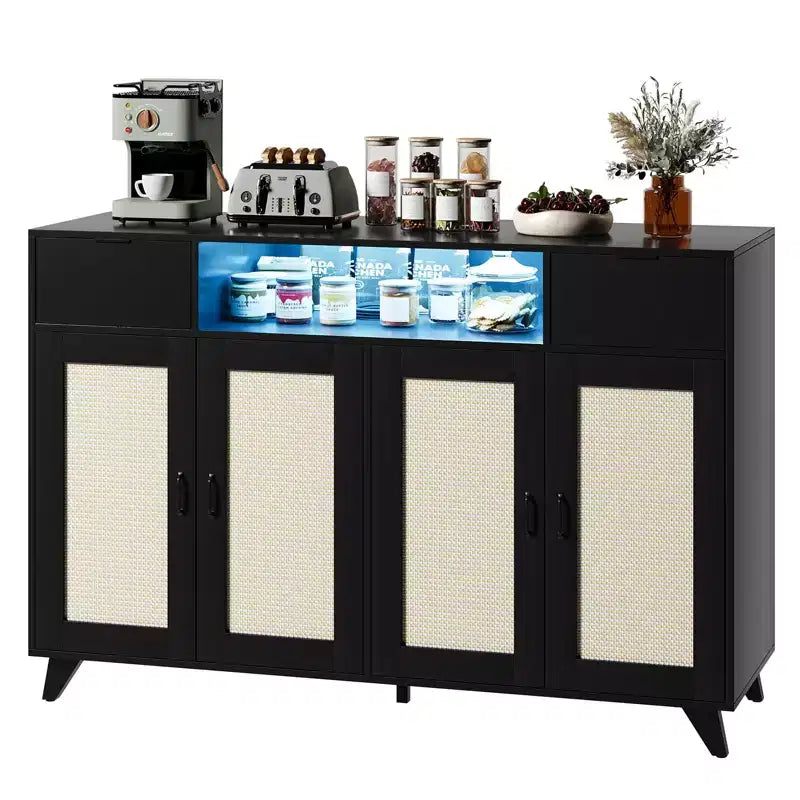 47,2 Meuble d'appoint en rotin, buffet, 2 tiroirs, meuble de rangement d'appoint, table console à 4 portes, bar à café avec prise de courant