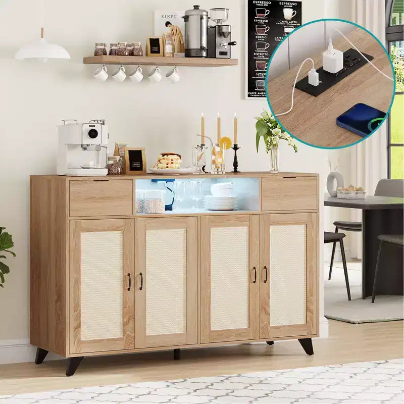 47,2 Meuble d'appoint en rotin, buffet, 2 tiroirs, meuble de rangement d'appoint, table console à 4 portes, bar à café avec prise de courant