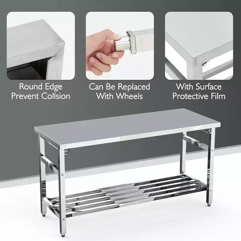 Table de travail Acekool 60 en acier inoxydable de qualité commerciale, îlot de préparation pliable certifié NSF avec étagère inférieure réglable pour cuisine et atelier
