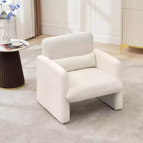 Acekool Fauteuil d'appoint en chenille crème, Fauteuil moderne minimaliste avec coussin lombaire, Cadre en bois, pour salon, chambre à coucher, bureau