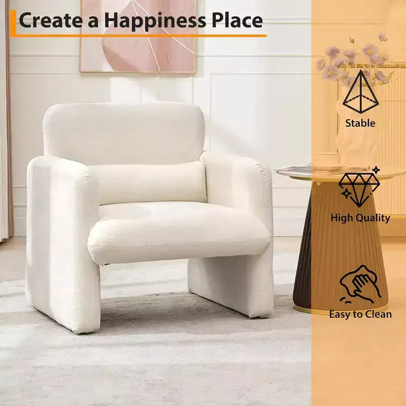 Acekool Fauteuil d'appoint en chenille crème, Fauteuil moderne minimaliste avec coussin lombaire, Cadre en bois, pour salon, chambre à coucher, bureau