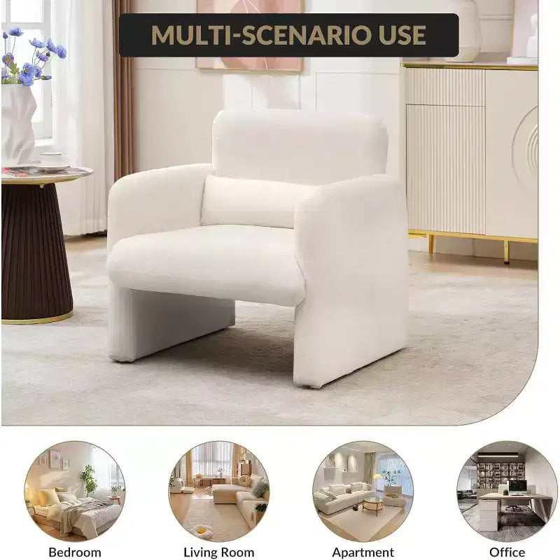 Acekool Fauteuil d'appoint en chenille crème, Fauteuil moderne minimaliste avec coussin lombaire, Cadre en bois, pour salon, chambre à coucher, bureau