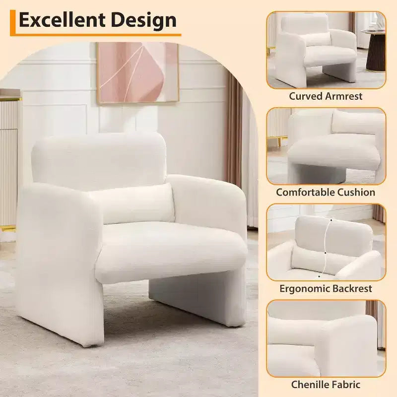 Acekool Fauteuil d'appoint en chenille crème, Fauteuil moderne minimaliste avec coussin lombaire, Cadre en bois, pour salon, chambre à coucher, bureau