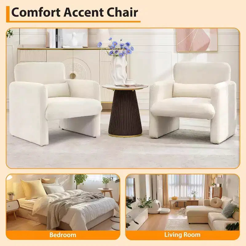 Acekool Fauteuil d'appoint en chenille crème, Fauteuil moderne minimaliste avec coussin lombaire, Cadre en bois, pour salon, chambre à coucher, bureau