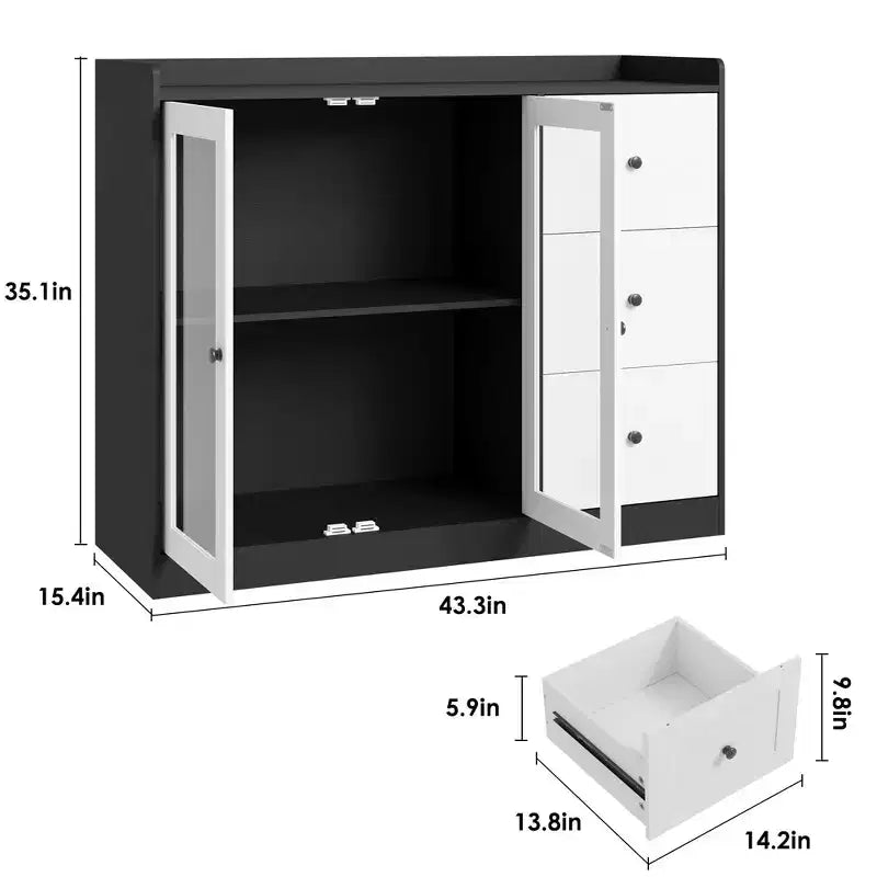 Coolmee Buffet enfilade et meuble de rangement 43 avec garde-corps, étagères réglables et 3 tiroirs pour cuisine et salle à manger