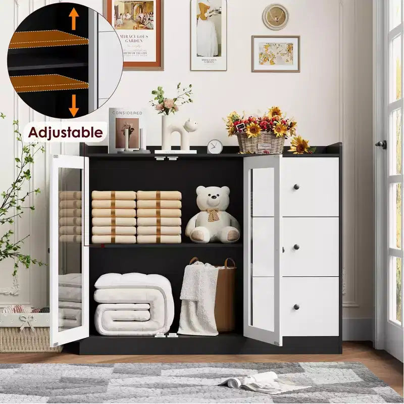 Coolmee Buffet enfilade et meuble de rangement 43 avec garde-corps, étagères réglables et 3 tiroirs pour cuisine et salle à manger