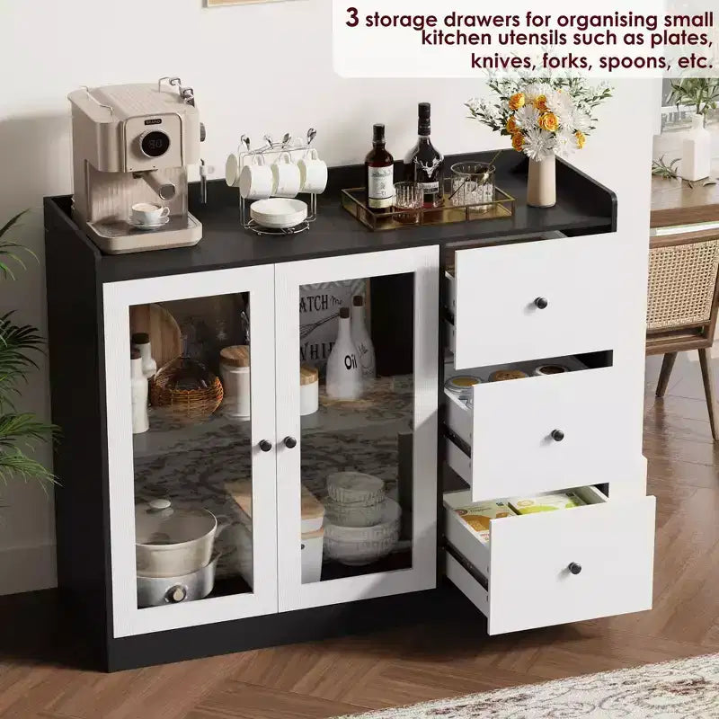 Coolmee Buffet enfilade et meuble de rangement 43 avec garde-corps, étagères réglables et 3 tiroirs pour cuisine et salle à manger