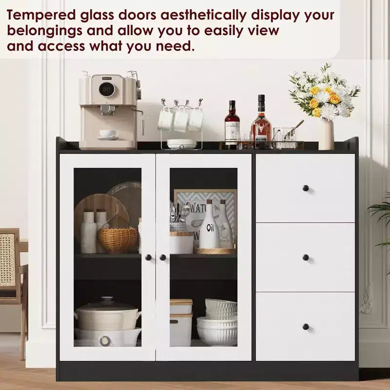 Coolmee Buffet enfilade et meuble de rangement 43 avec garde-corps, étagères réglables et 3 tiroirs pour cuisine et salle à manger