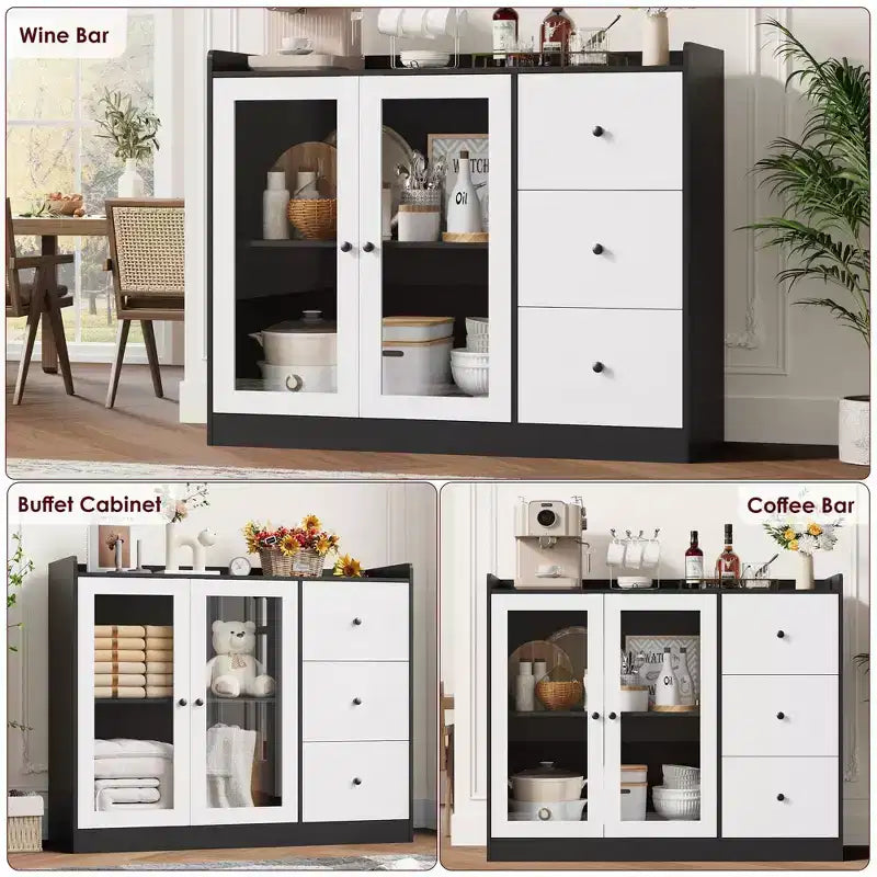 Coolmee Buffet enfilade et meuble de rangement 43 avec garde-corps, étagères réglables et 3 tiroirs pour cuisine et salle à manger