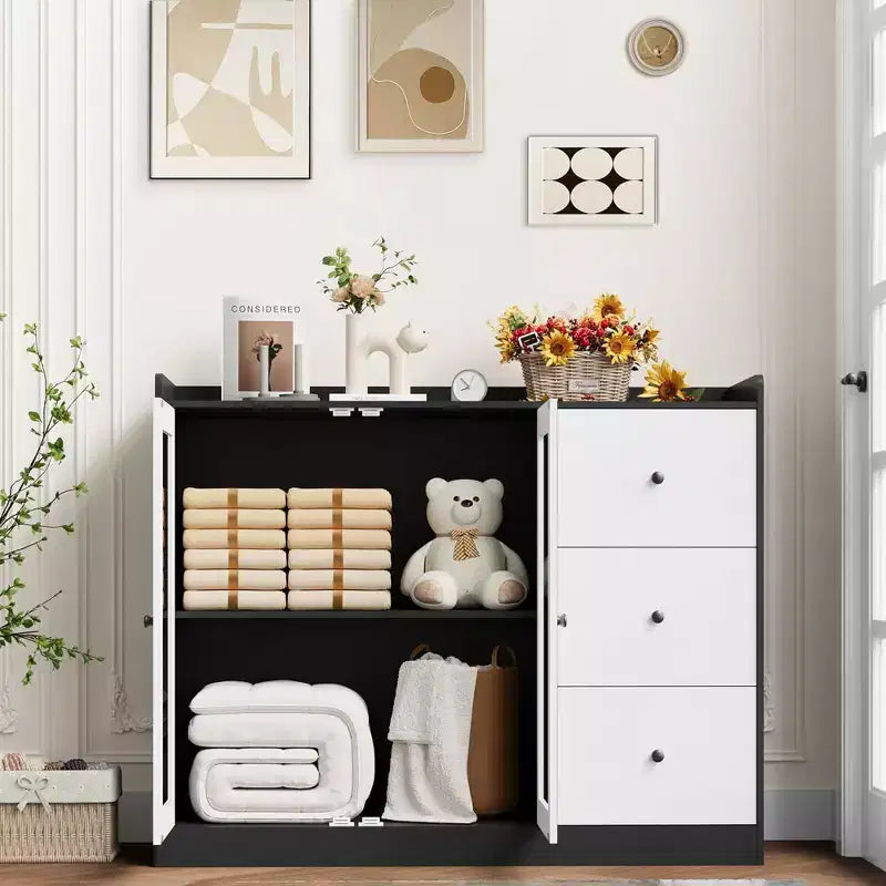 Coolmee Buffet enfilade et meuble de rangement 43 avec garde-corps, étagères réglables et 3 tiroirs pour cuisine et salle à manger