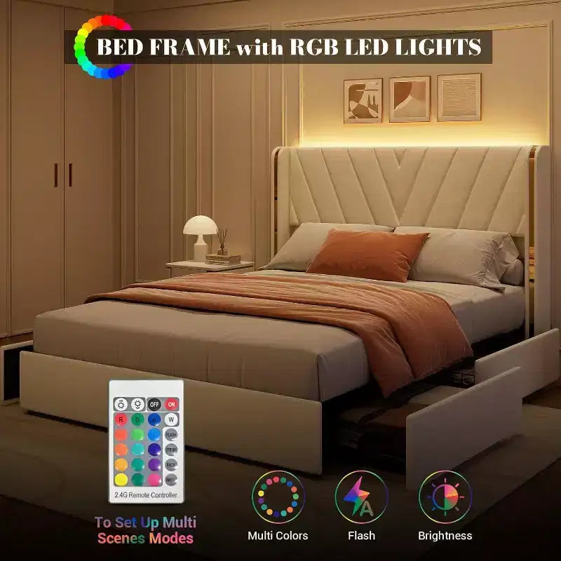 Lit Queen Acekool - Lumières LED et tiroirs de rangement