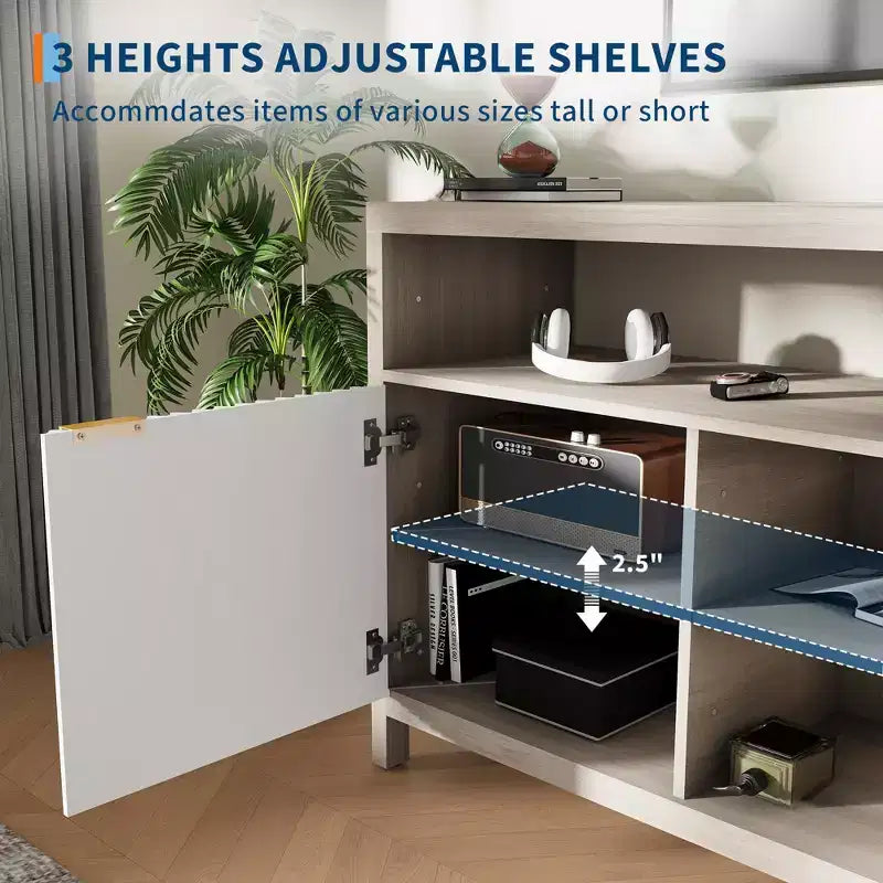Meuble TV haut texturé de 150 cm pour salon, meuble TV robuste avec rangement, meuble TV de style mid-century pour téléviseurs de 50/55/60/65 pouces
