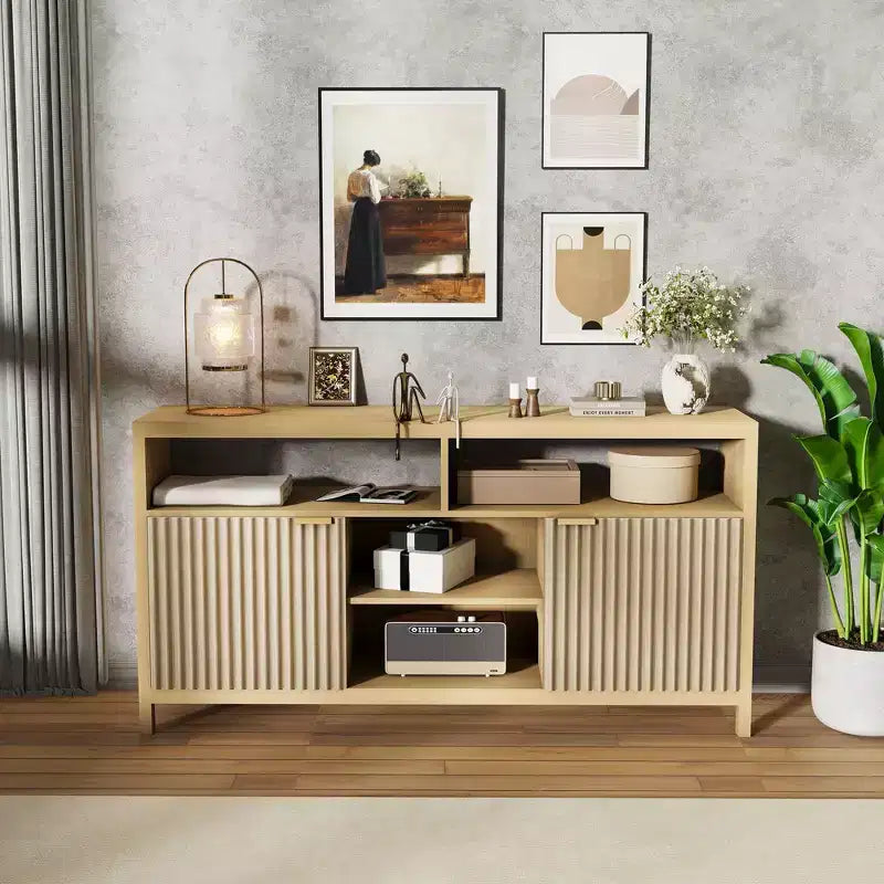 Meuble TV haut texturé de 150 cm pour salon, meuble TV robuste avec rangement, meuble TV de style mid-century pour téléviseurs de 50/55/60/65 pouces