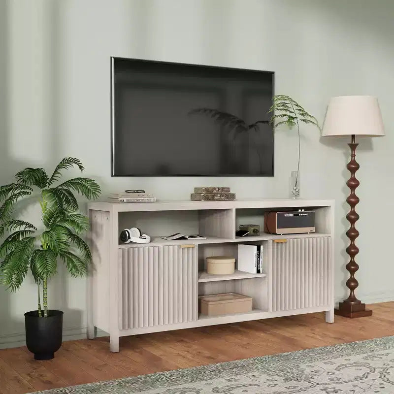 Meuble TV haut texturé de 150 cm pour salon, meuble TV robuste avec rangement, meuble TV de style mid-century pour téléviseurs de 50/55/60/65 pouces