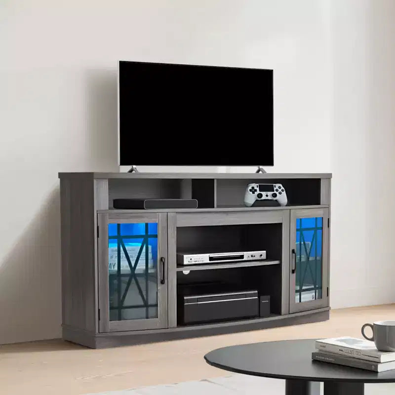 Meuble TV VEVOR pour téléviseurs jusqu'à 65 pouces, meuble de divertissement style ferme avec bande lumineuse, meuble TV en bois avec portes vitrées, gris
