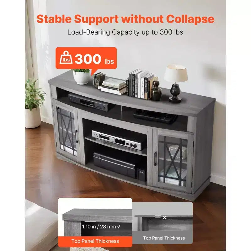Meuble TV VEVOR pour téléviseurs jusqu'à 65 pouces, meuble de divertissement style ferme avec bande lumineuse, meuble TV en bois avec portes vitrées, gris
