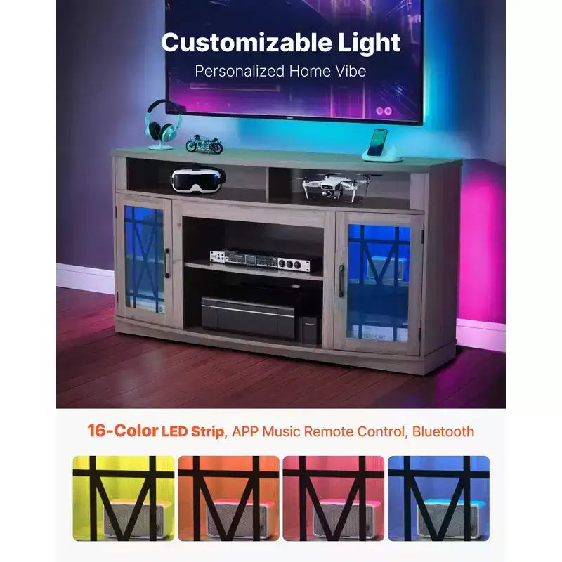 Meuble TV VEVOR pour téléviseurs jusqu'à 65 pouces, meuble de divertissement style ferme avec bande lumineuse, meuble TV en bois avec portes vitrées, gris