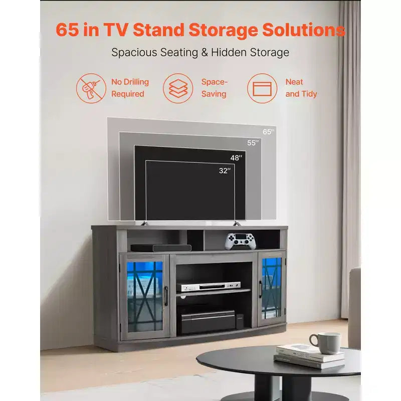 Meuble TV VEVOR pour téléviseurs jusqu'à 65 pouces, meuble de divertissement style ferme avec bande lumineuse, meuble TV en bois avec portes vitrées, gris
