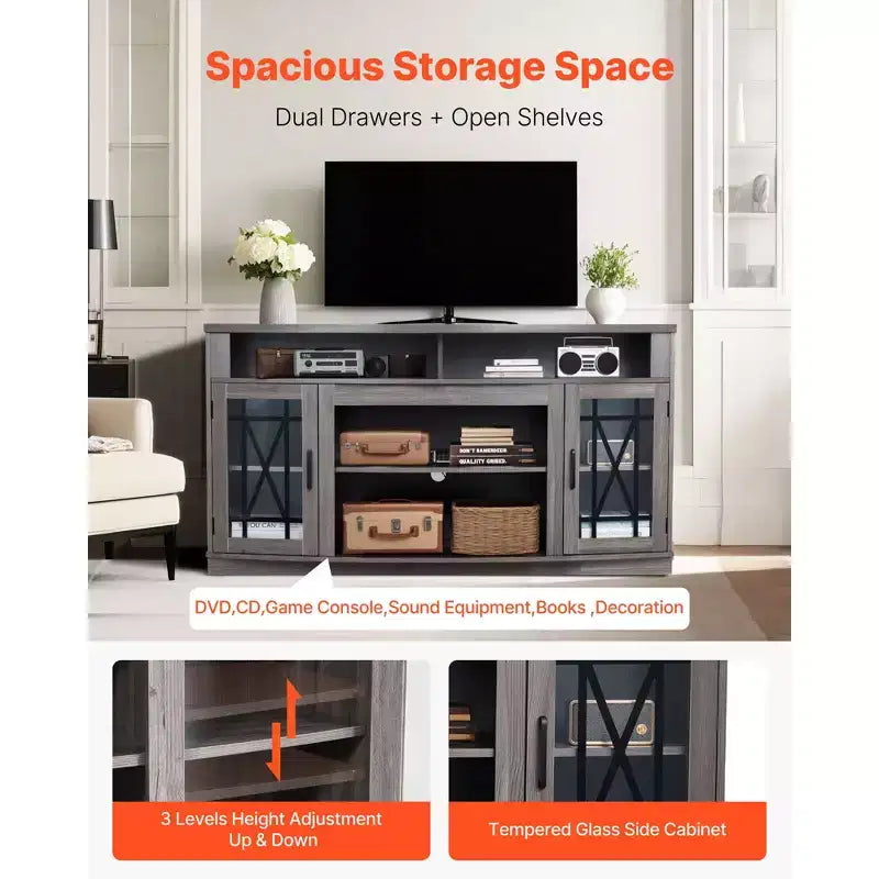 Meuble TV VEVOR pour téléviseurs jusqu'à 65 pouces, meuble de divertissement style ferme avec bande lumineuse, meuble TV en bois avec portes vitrées, gris