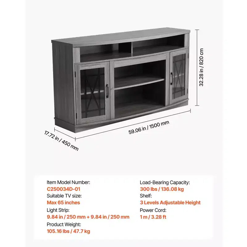 Meuble TV VEVOR pour téléviseurs jusqu'à 65 pouces, meuble de divertissement style ferme avec bande lumineuse, meuble TV en bois avec portes vitrées, gris