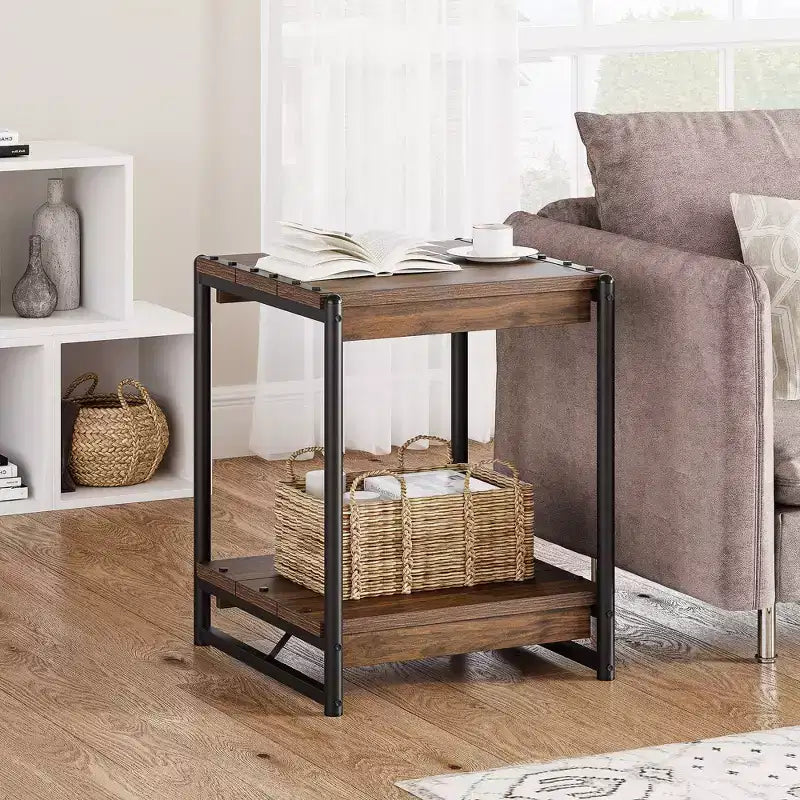 Table d'appoint/de chevet de ferme carrée en bois de 20'' avec 2 étagères - Table d'appoint/de chevet moderne avec cadre en métal pour lit/canapé - Meuble d'appoint