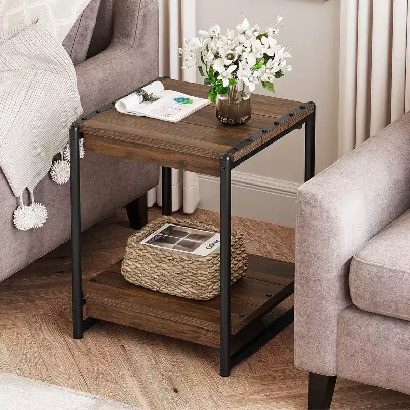 Table d'appoint/de chevet de ferme carrée en bois de 20'' avec 2 étagères - Table d'appoint/de chevet moderne avec cadre en métal pour lit/canapé - Meuble d'appoint