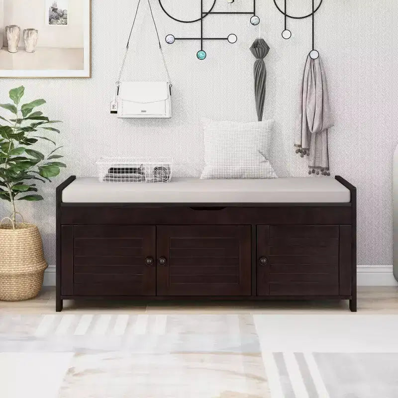 Banc de rangement d'entrée avec coussin, banc à chaussures en bois avec siège et 3 portes persiennes