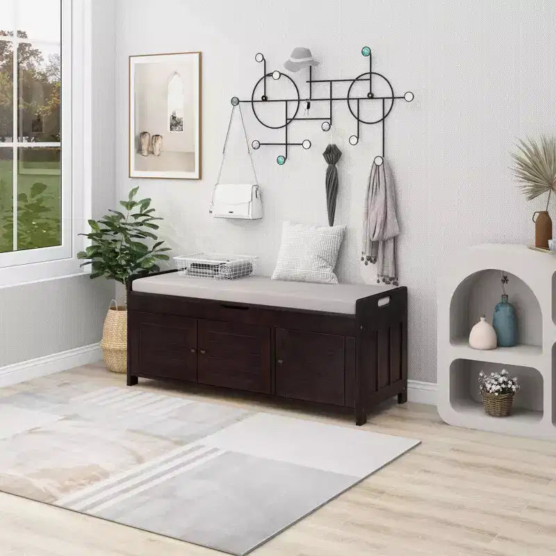 Banc de rangement d'entrée avec coussin, banc à chaussures en bois avec siège et 3 portes persiennes