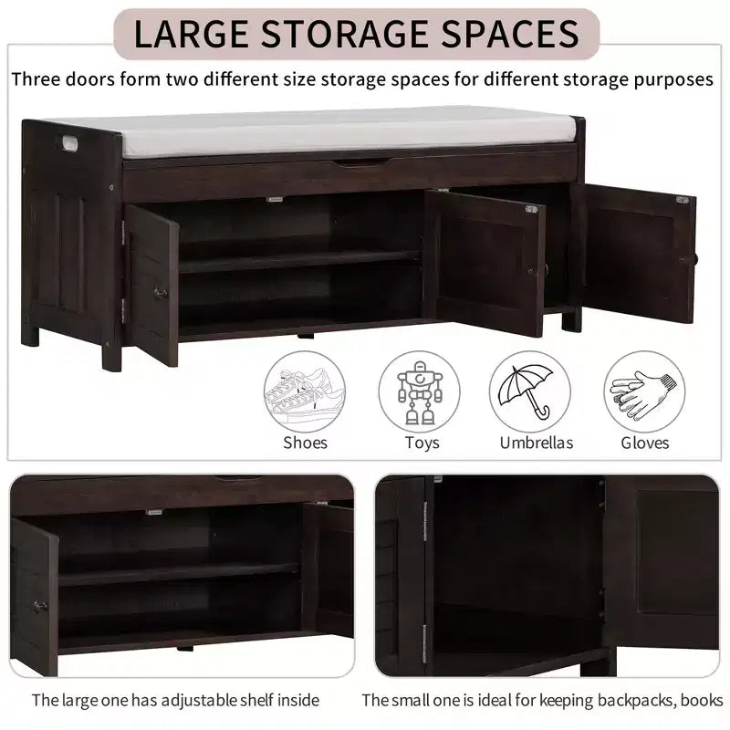 Banc de rangement d'entrée avec coussin, banc à chaussures en bois avec siège et 3 portes persiennes