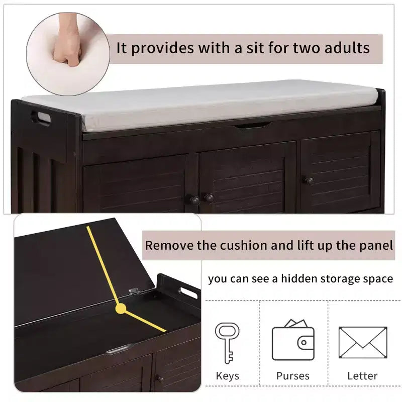 Banc de rangement d'entrée avec coussin, banc à chaussures en bois avec siège et 3 portes persiennes