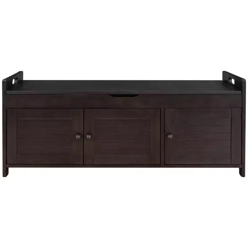 Banc de rangement d'entrée avec coussin, banc à chaussures en bois avec siège et 3 portes persiennes