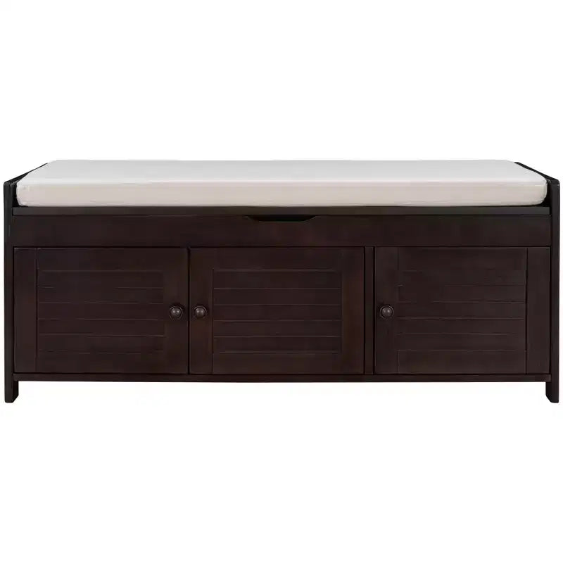 Banc de rangement d'entrée avec coussin, banc à chaussures en bois avec siège et 3 portes persiennes
