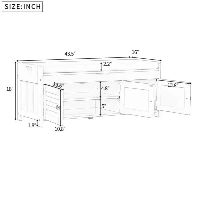 Banc de rangement d'entrée avec coussin, banc à chaussures en bois avec siège et 3 portes persiennes