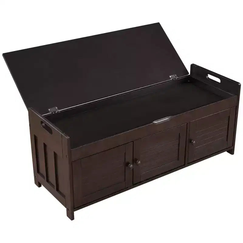 Banc de rangement d'entrée avec coussin, banc à chaussures en bois avec siège et 3 portes persiennes