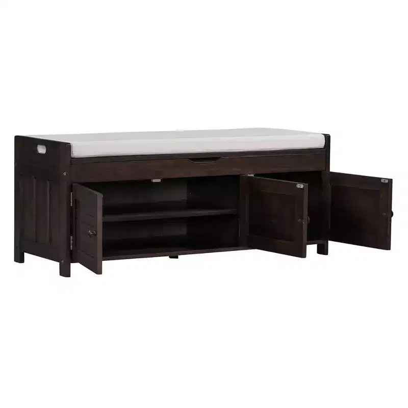 Banc de rangement d'entrée avec coussin, banc à chaussures en bois avec siège et 3 portes persiennes