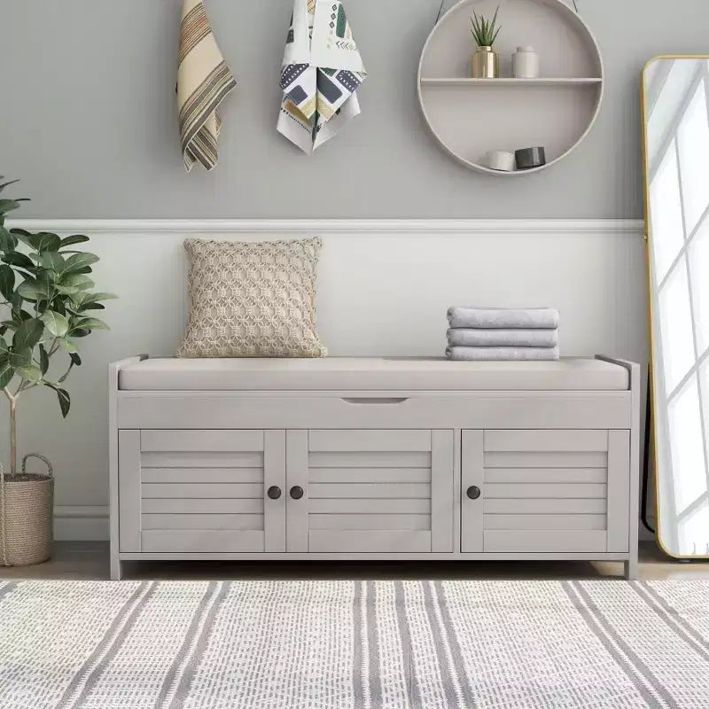 Banc de rangement d'entrée avec coussin, banc à chaussures en bois avec siège et 3 portes persiennes