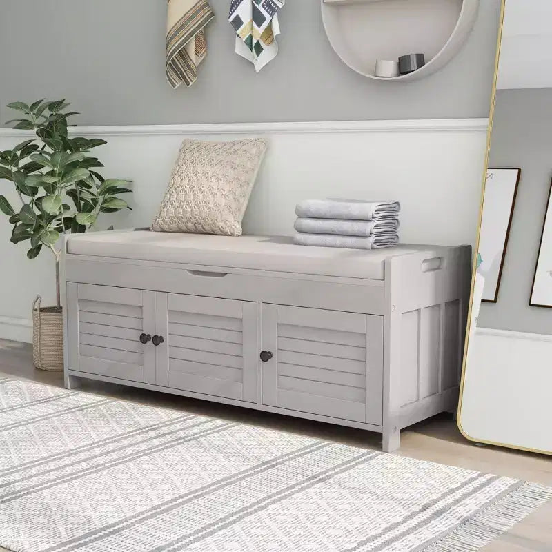 Banc de rangement d'entrée avec coussin, banc à chaussures en bois avec siège et 3 portes persiennes
